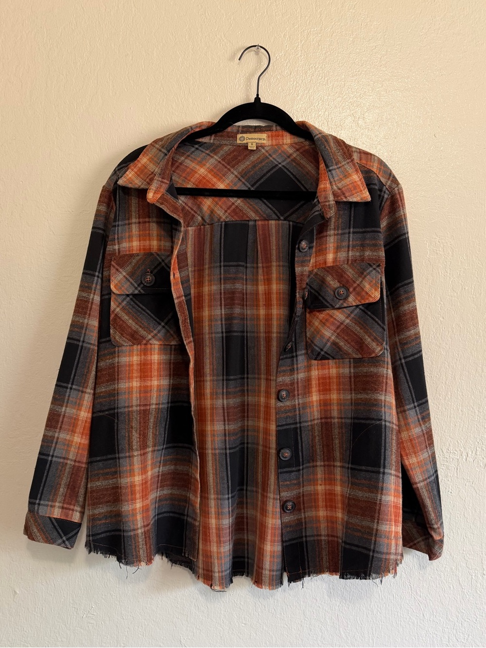 Democracy Orange & Black Plaid Flannel Shirt Jacket - Casual Button-Up
